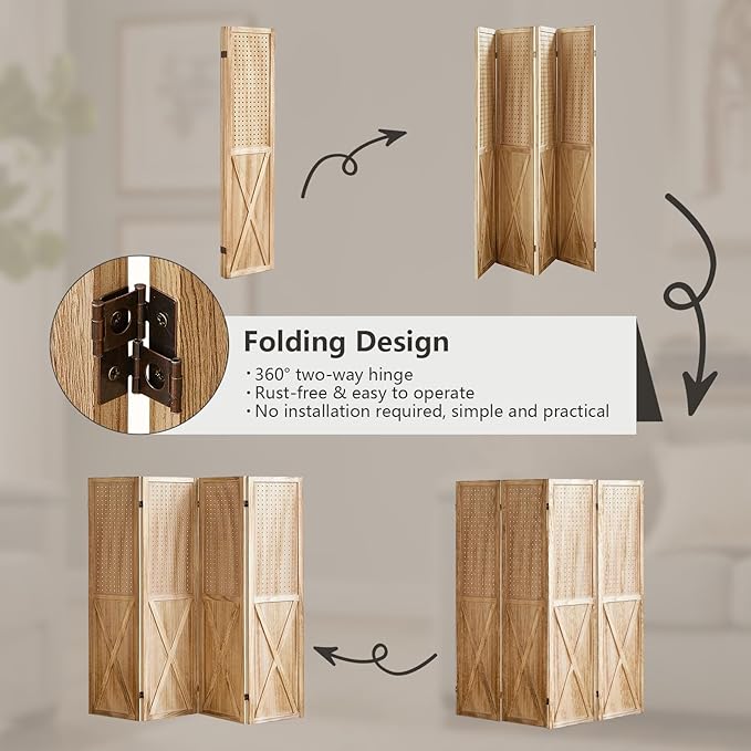 ALeesing 4 Panel Pegboard Wood Room Divider, 5.6Ft Pegboard Display Folding
