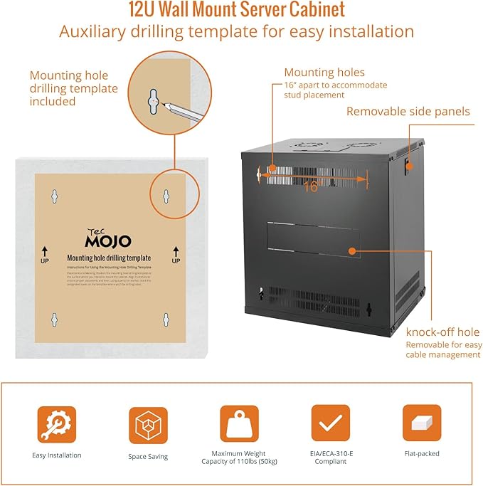 Tecmojo 12U Wall Mount Server Cabinet IT Network Rack Enclosure Lockable Door