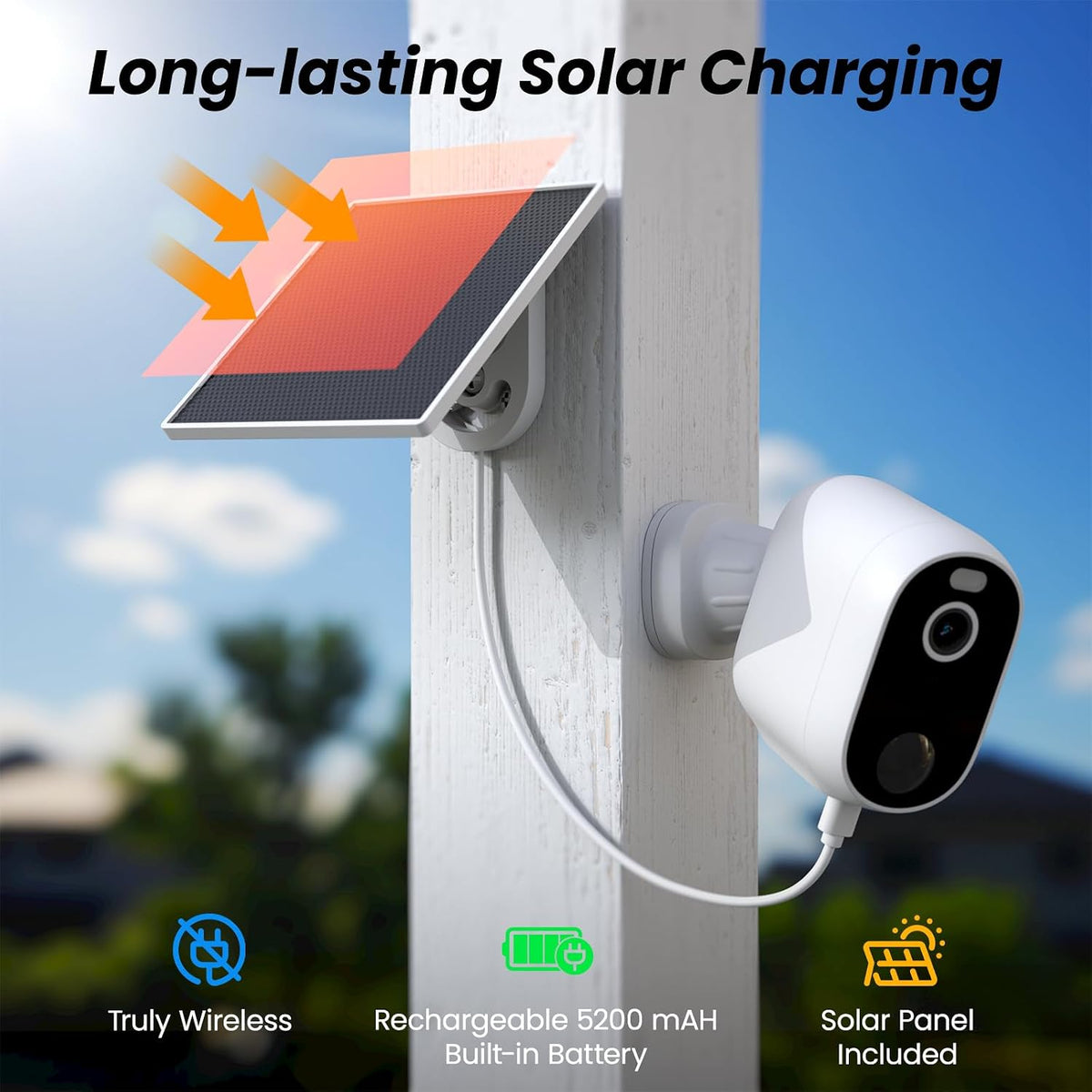 infiya security cameras wireless outdoor, solar & battery, close-up detail