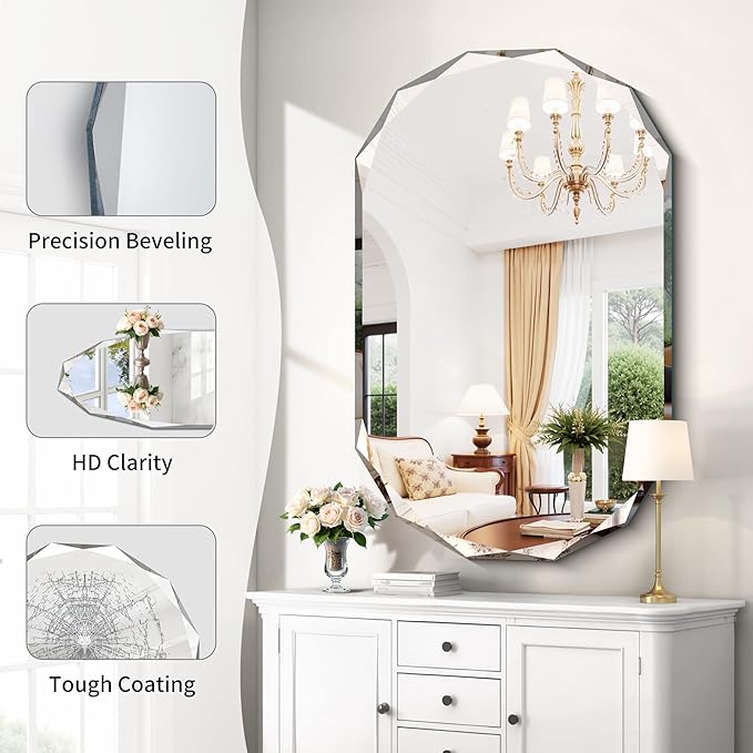 GLASHOM Beveled Edge Frameless Bathroom Mirror, Oval Wall Mirror