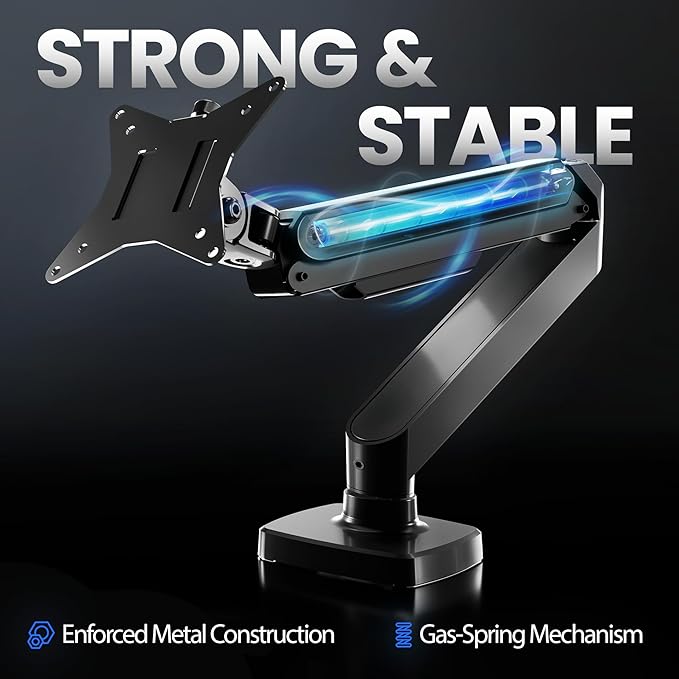 EVEO Premium Single Monitor Arm 14"–34", Adjustable Gas Spring Monitor Mount