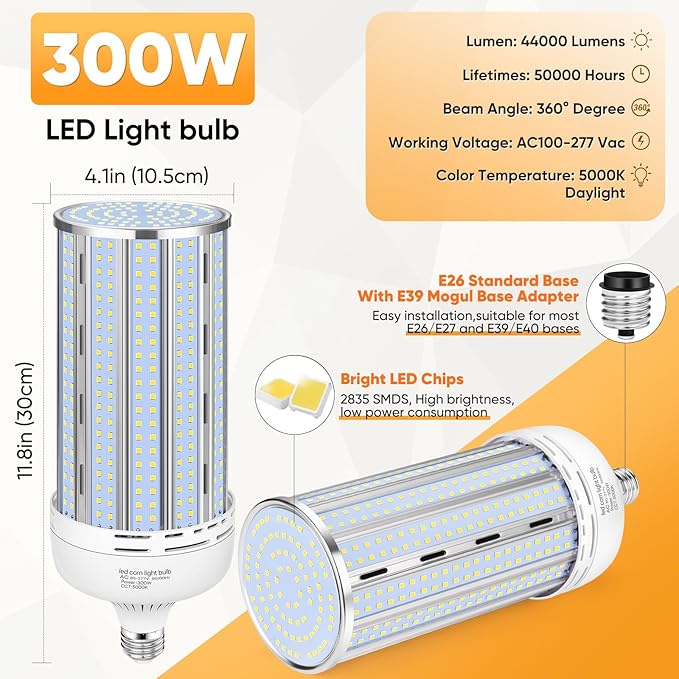 XYCN 2 Pack 300W Corn LED Light Bulb Fanless, 5000K Daylight E26/E39 Large