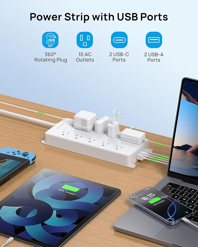 TROND 360° Rotating Plug Power Strip 10ft, Surge Protector