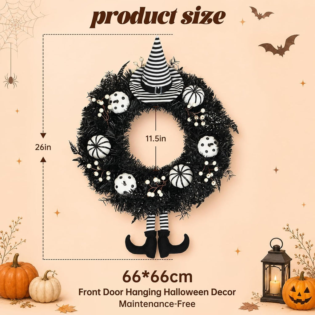 26" Halloween Wreath for Front Door with Hat, Legs, Pumpkins