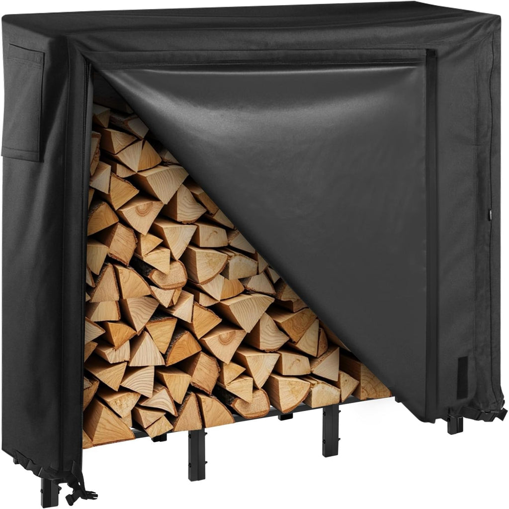 VEVOR Firewood Rack with Waterproof Cover, 4 ft Outdoor Firewood Holder, 1/4 Cord Storage Metal Log Holder, 400lb Max Weight Capacity, Full Covered, Powder-Coated Wood Storage Rack for Fireplace Deck