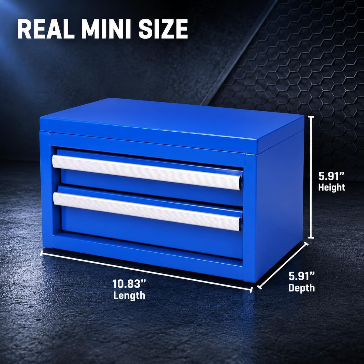 mini 2-drawer blue steel tool box shown in use