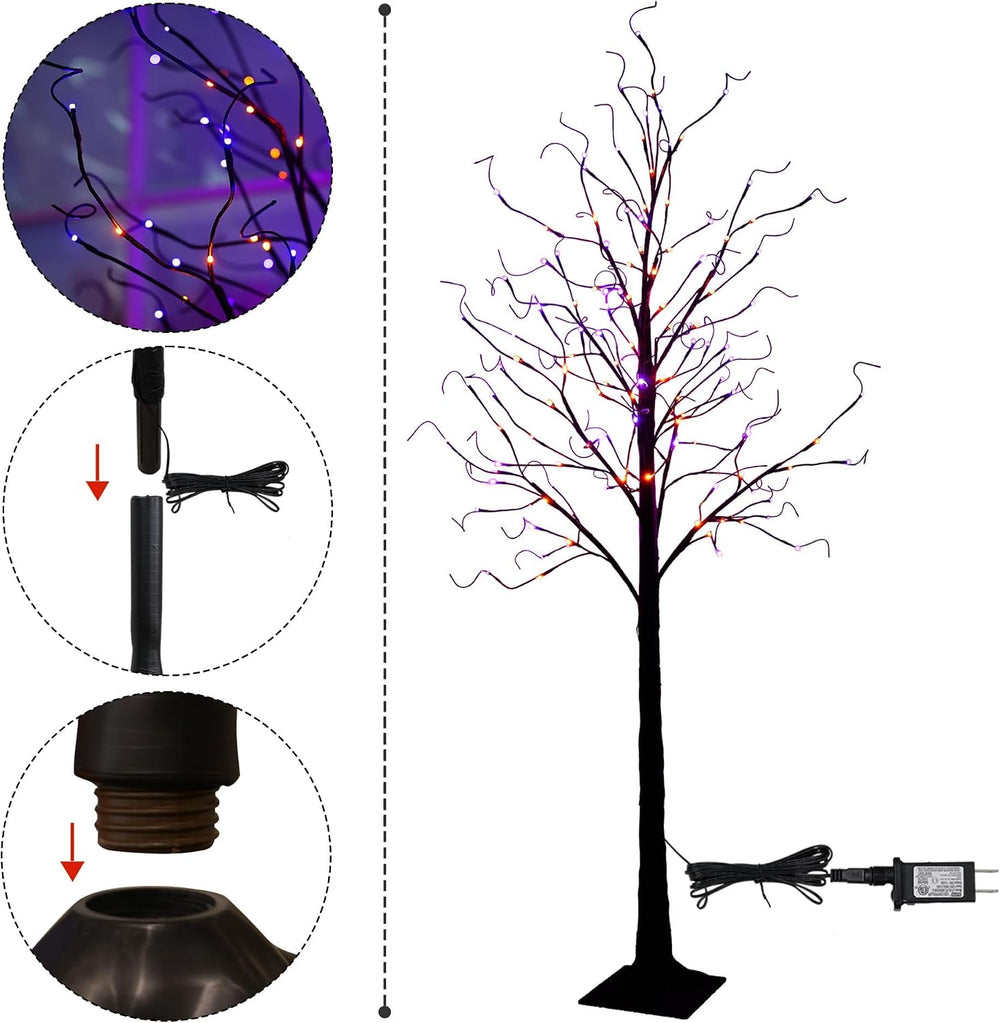 TW SHINE 6FT Halloween Lighted Black Birch Tree, 144 LED Purple and Orange Li...
