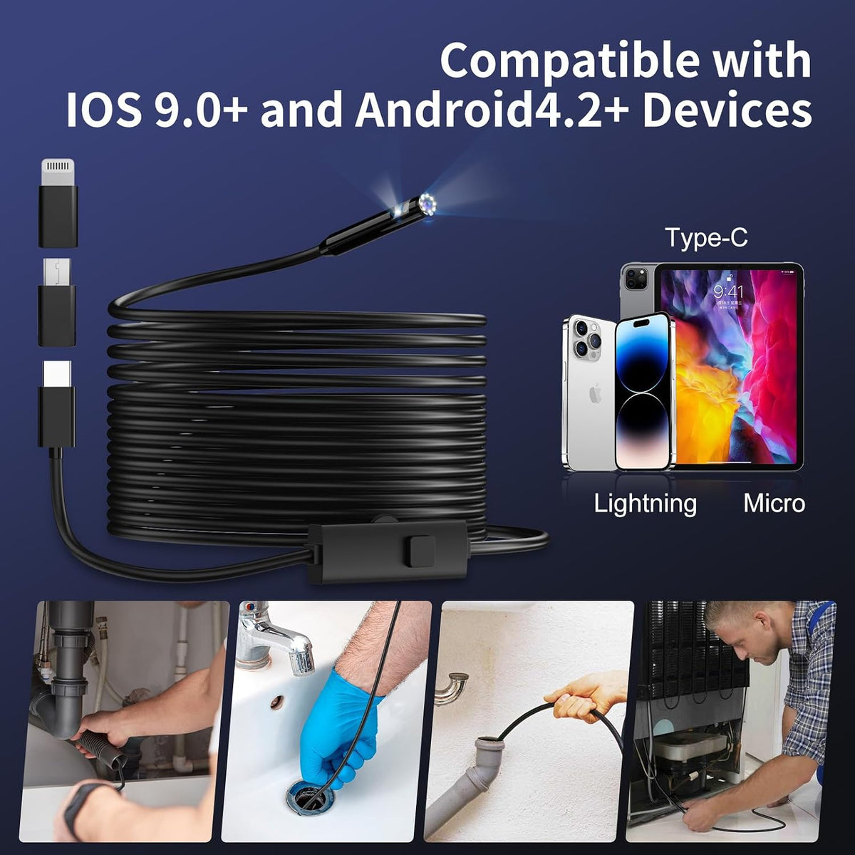 endoscope camera with light, 1920p hd borescope inspection showing dimensions