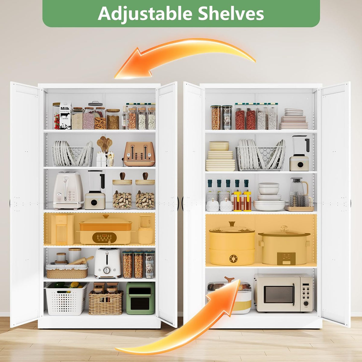 ckzbx white metal cabinets with doors and shelves, side view
