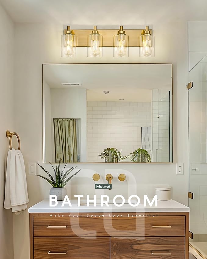 METWET 4-Light Bathroom Light Fixtures, Brushed Gold Vanity Light