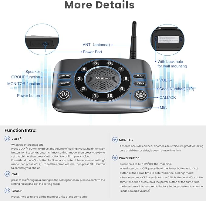 Hands-Free Intercoms Wireless for Home Business, Wuloo Upgrade Two Way Audio (Pack of 2)