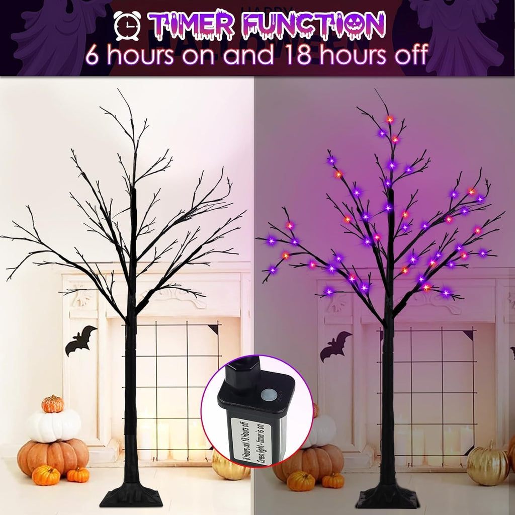 Set of 3, 4ft 5ft 6ft Lighted Black Halloween Tree with Orange Purple Light