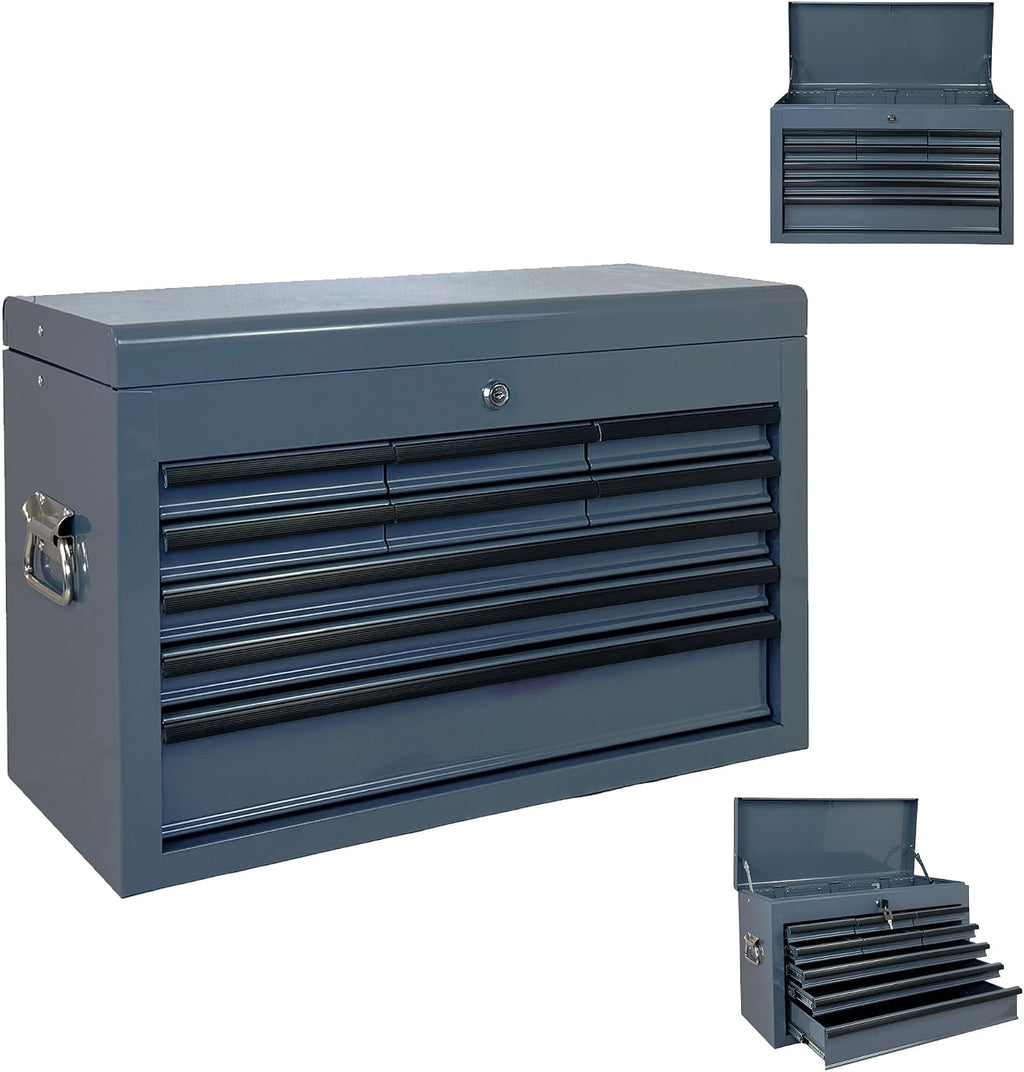9 Drawers Metal Tool Box, 24" Portable Steel Tool Chest with Key Lock & EVA Liners, Multi-Function Top Storage Tray Toolbox with Powder Coating & Ball Bearing Slides for Garage & Workshop(Grey)