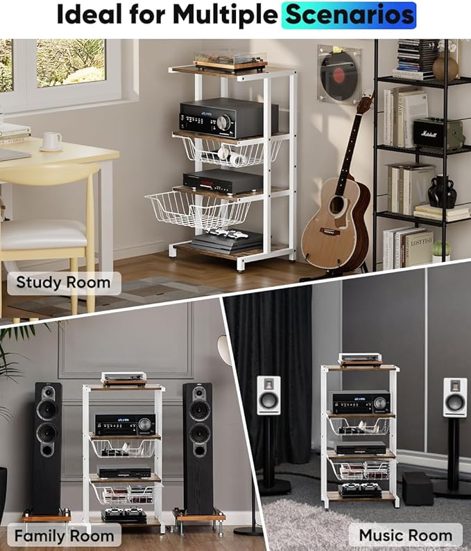Ardier Media Stand with Two Detachable Baskets, 4-Tier AV Media Stand Corner