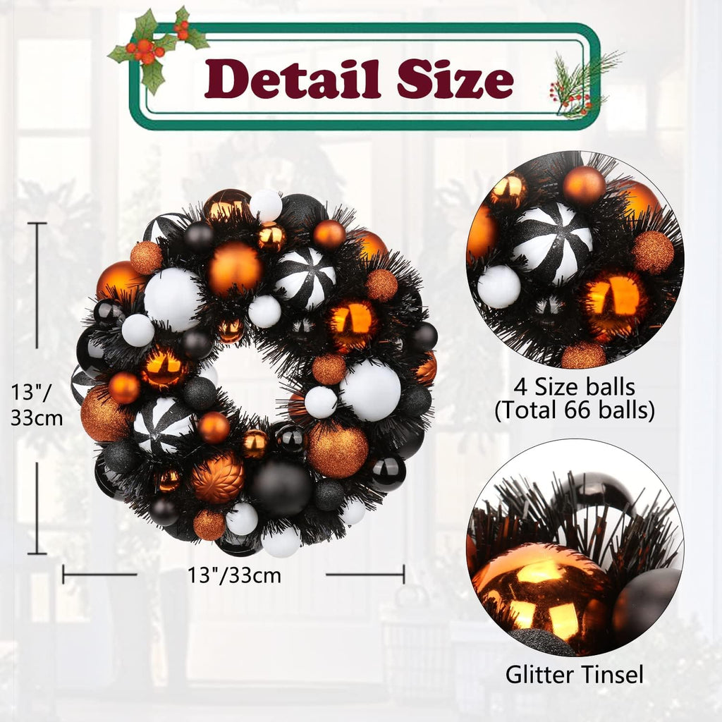 Halloween Ball Wreath 13" Xmas Wreaths Ornaments Glitter Thicken Shatterproof Garland Decoration for Door Wall Mantel Holiday Christmas Party Decor, White & Black & Orange