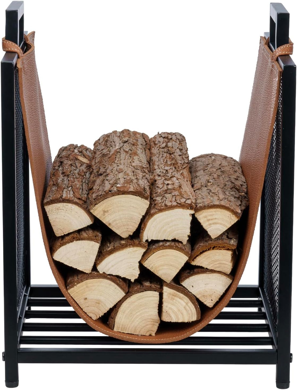 mygift black metal firewood stand with brown sling, side view