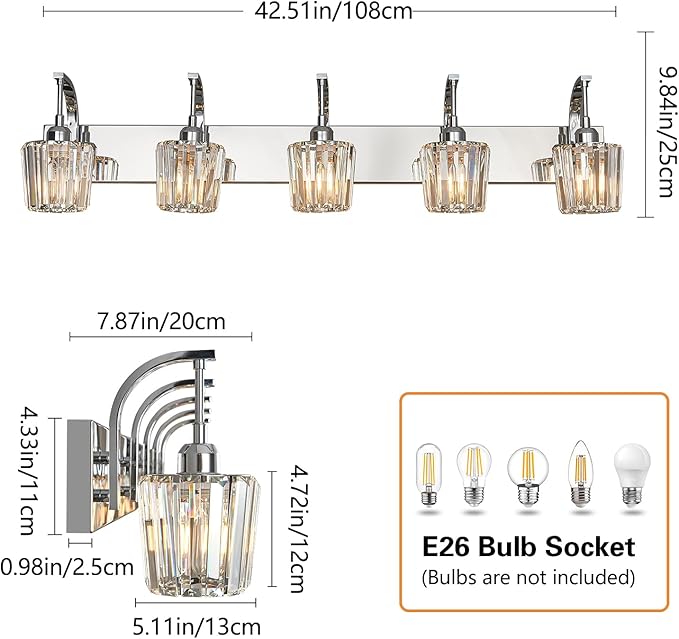 FDPBY Modern Bathroom Vanity Light, 5-Light Chrome Wall Sconce