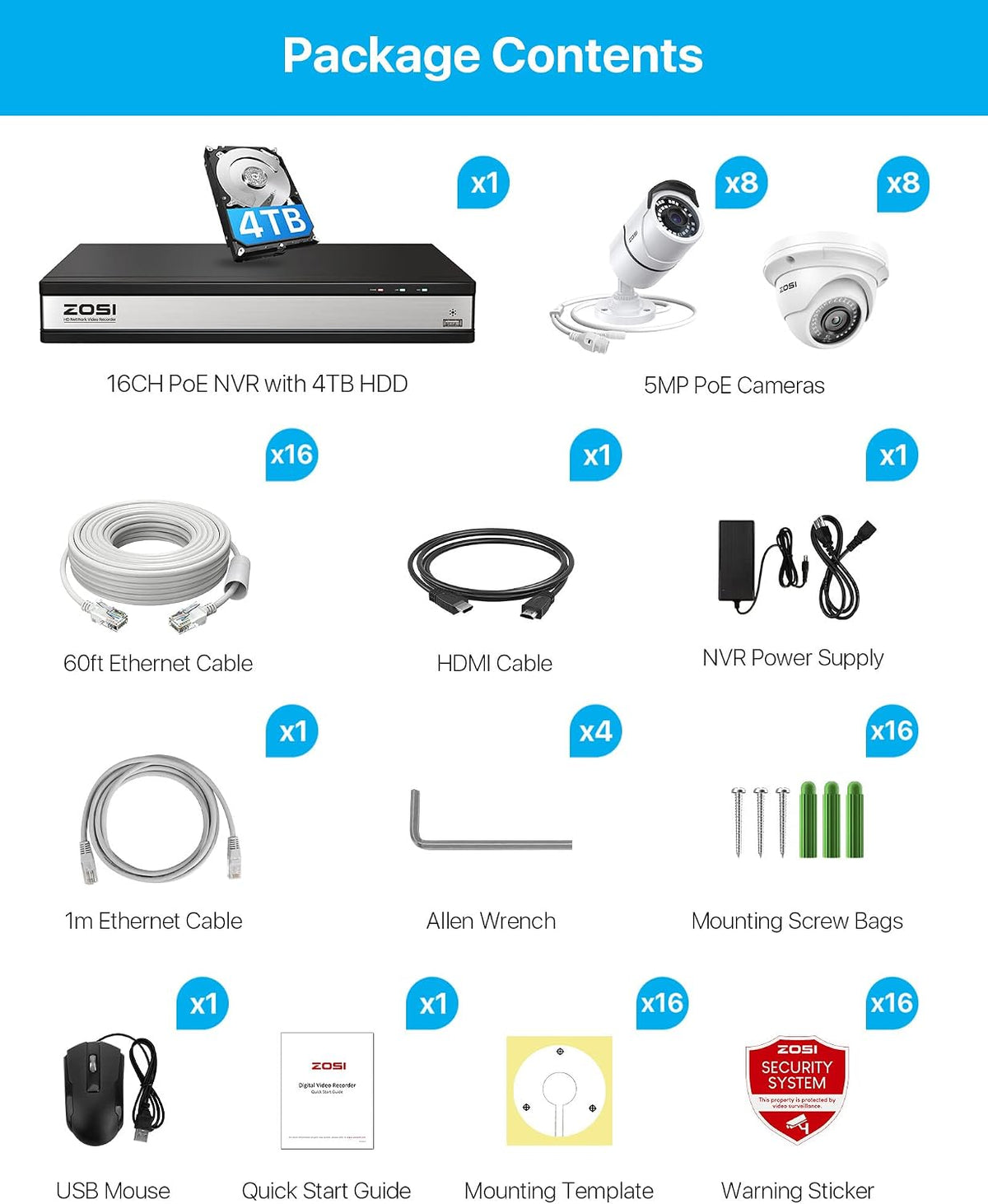 zosi 16ch 4k poe security system, 16pcs 5mp, view 9