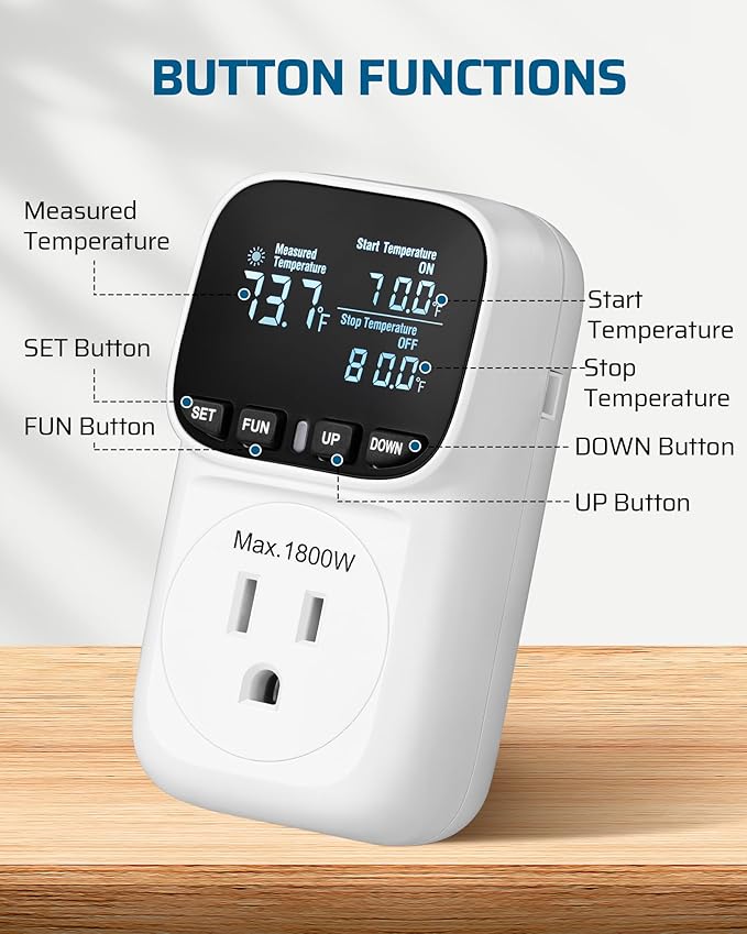 DEWENWILS Digital Temperature Controller, 2 Pack15A/1800W Thermostat Outlet Plug (2 Pack)