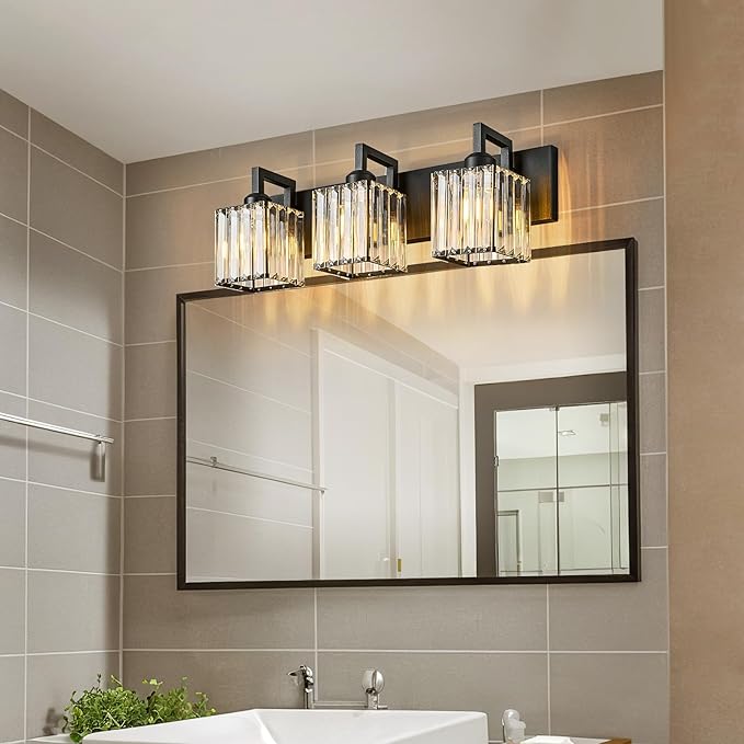 FDPBY Modern Bathroom Vanity Light 3-Lights Black Crystal Wall Lamp Bathroom