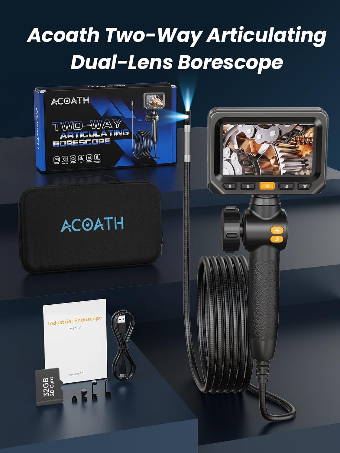 acoath two-way articulating borescope, endoscope camera with light, view 10