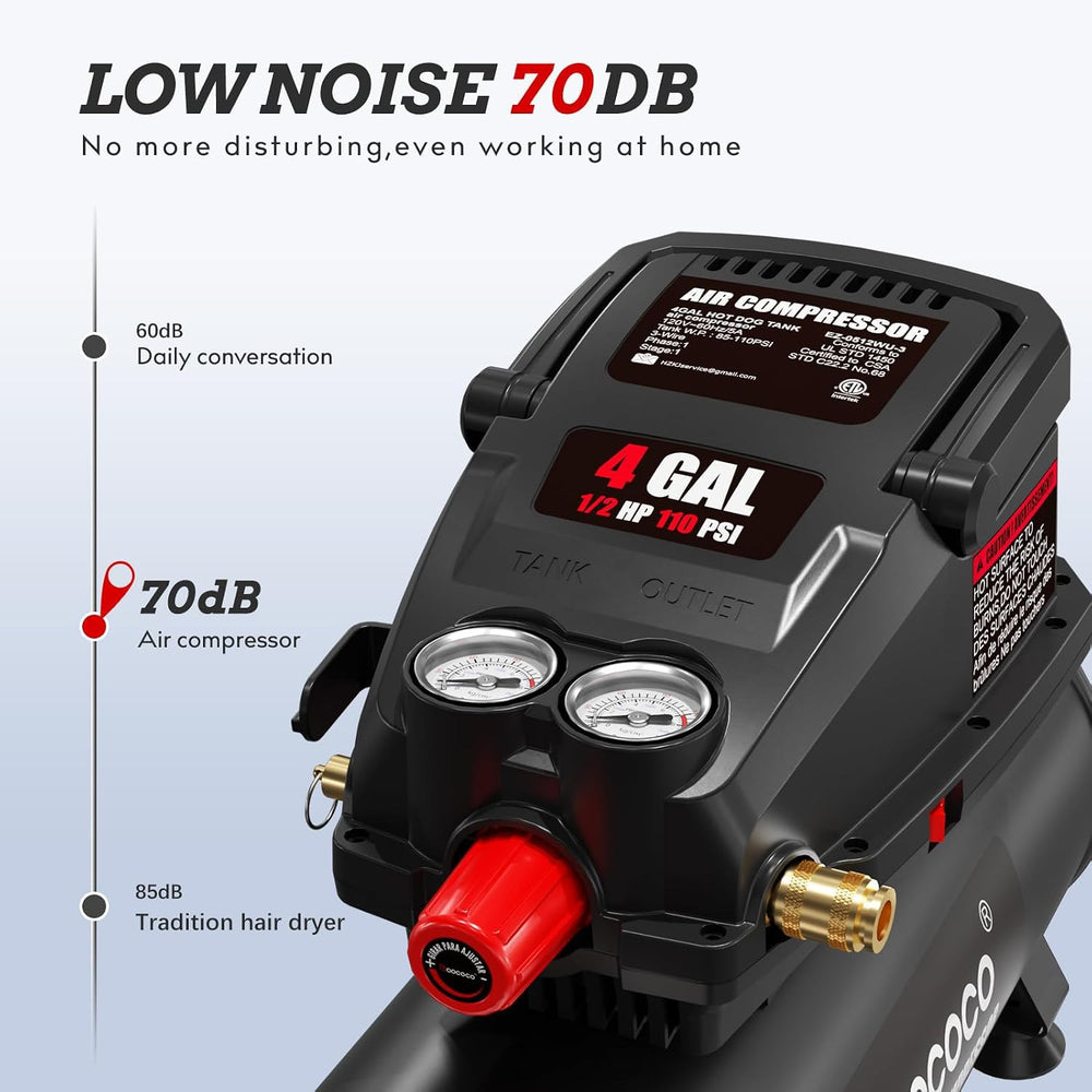 4 Gallon Portable Air compressor, 0.5HP Motor Oil Free Air Compressor Tank