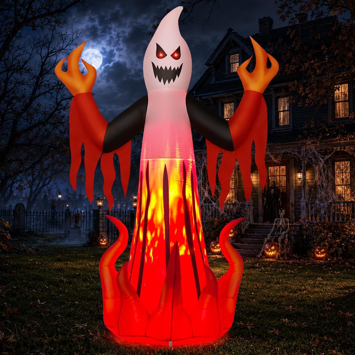 Halloween Inflatables 8FT Scary Ghost with Flames for Outdoor Yard Decor