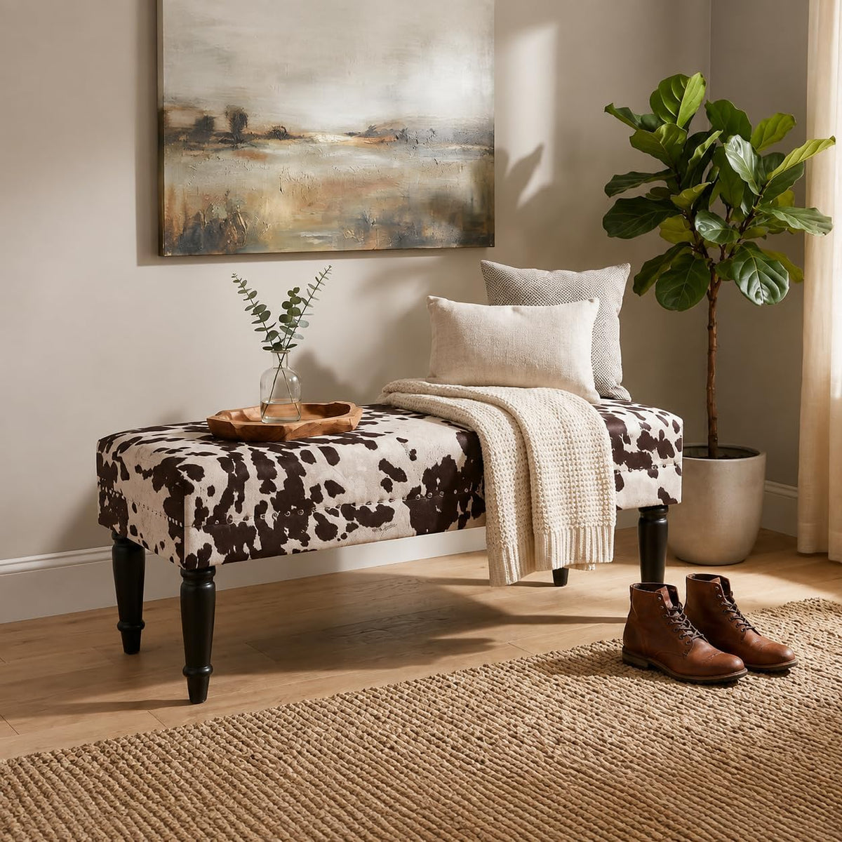 Homebeez 39.4" Cow Print Bench, Upholstered Bedroom Cowhide Bench, Western Bench Footstool with Wood Legs, for Entryway Dining Room Living Room Bedroom End of Bed (Brown Cow)