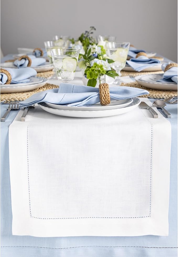 Solino Home Linen White Table Runner 120 Inches Long - 100% Pure Linen Hemstitch 14 x 120 Inch Table Runner for Dining, Fall, Autumn, Halloween, Thanksgiving, Holiday - Classic Hemstitch