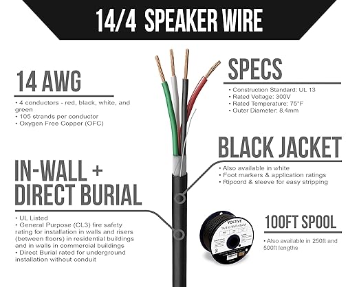 Voltive 14/4 Speaker Wire, in-Wall CL3 & Direct Burial, 100ft