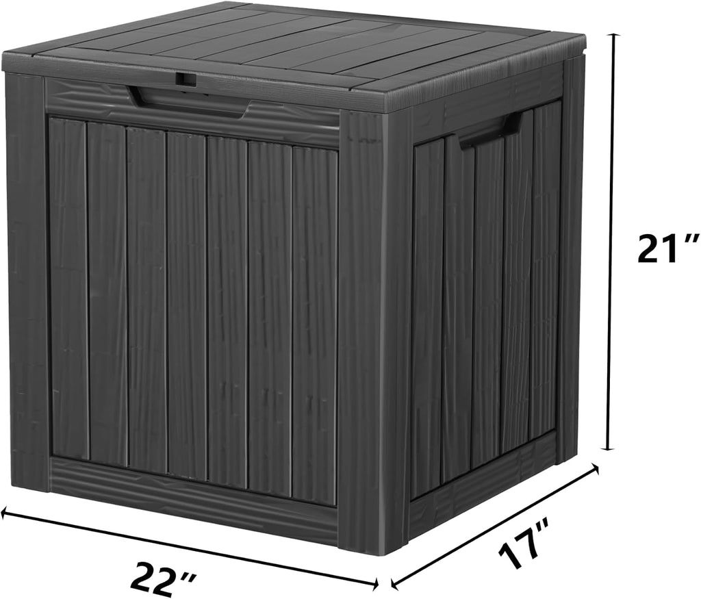outdoor storage box, 31 gallon deck box indoor shown in use