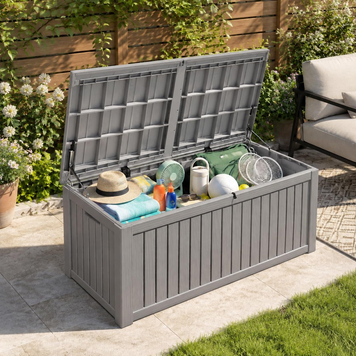 outdoor deck storage box,waterproof,grey,220 gallon, package contents