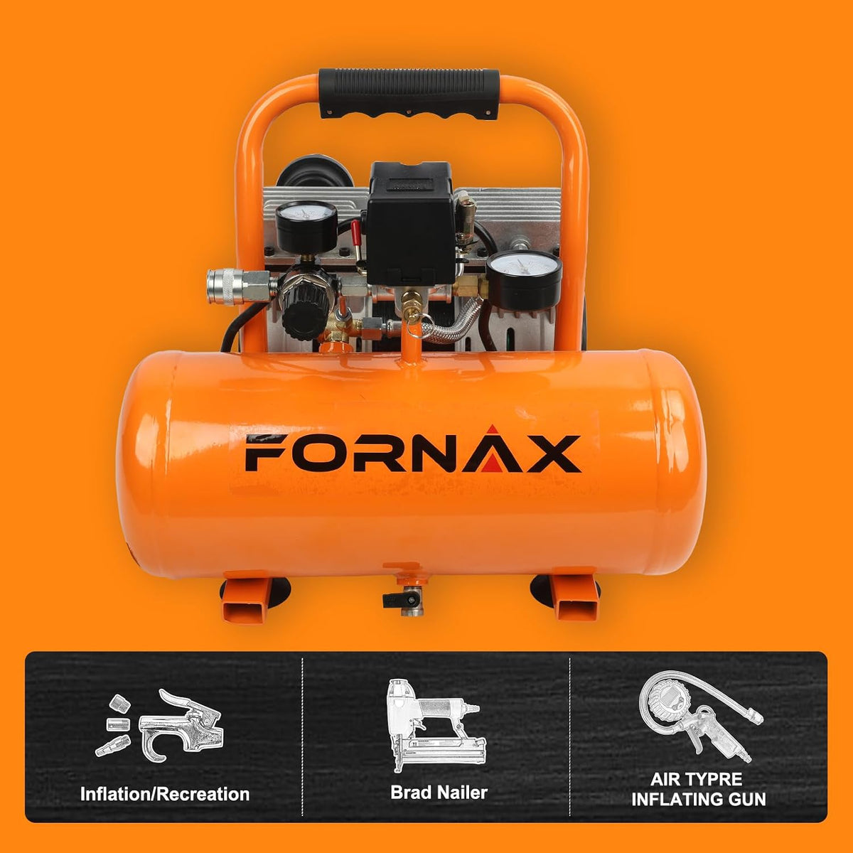 FORNAX 2 Gallon Air Compressor, 1HP Oil-Free Portable Compressor, 120V, 2.2 CFM @ 90 PSI, Max 125 PSI, 65dB Ultra Quiet Portable Compressor for Tire Inflation, Auto Repair, Spray Painting