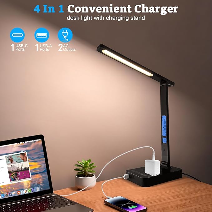 snsok Smart Desk Lamp with Dual USB Charging & 2 AC Outlets, Digital Clock