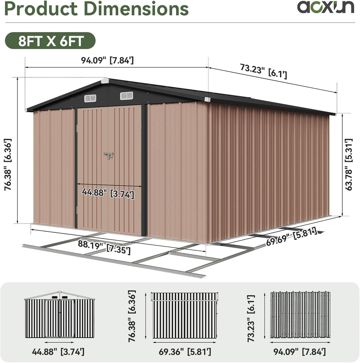 aoxun 6' x 8' storage shed with base shown in use