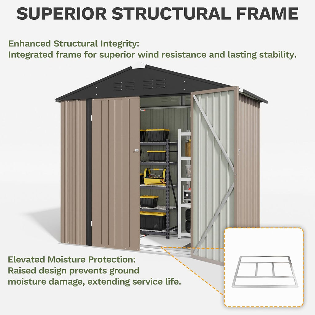 greesum 6x4ft outdoor storage shed with base, brown, close-up detail