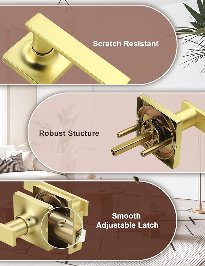 Mengico 5 Pack Passage Door Levers Gold Finish, No-Locking Keyless Square Door