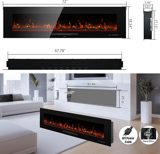 72" Electric Fireplace, Recessed & Wall Mounted Fireplace Heater 13 * 13 Colors