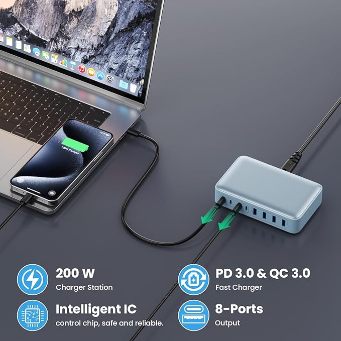 USB C Charger 200W USB C Charger Block, Upgraded GaN III 8-Port Fast Charging