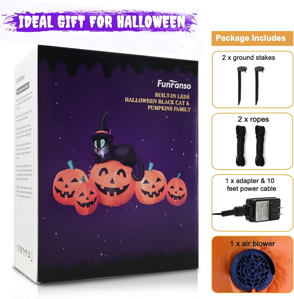 5FT Halloween Inflatable Pumpkin Outdoor Decoration, Lighted Blow Up Yard Decor, 5PCS Pumpkins with Witch’s Black Cat Built-in LED Lights for Balcony Home Holiday Party Lawn Patio Outside Events Prop