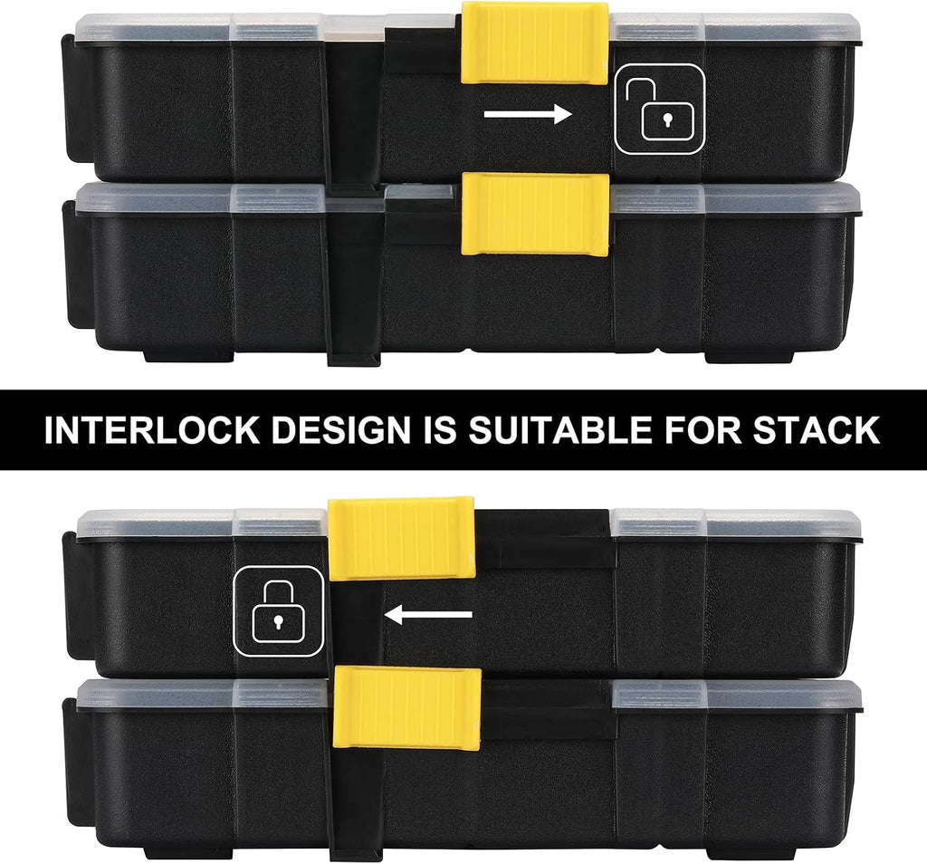 mayouko stackable plastic toolbox organizer, interlocking small parts showing dimensions