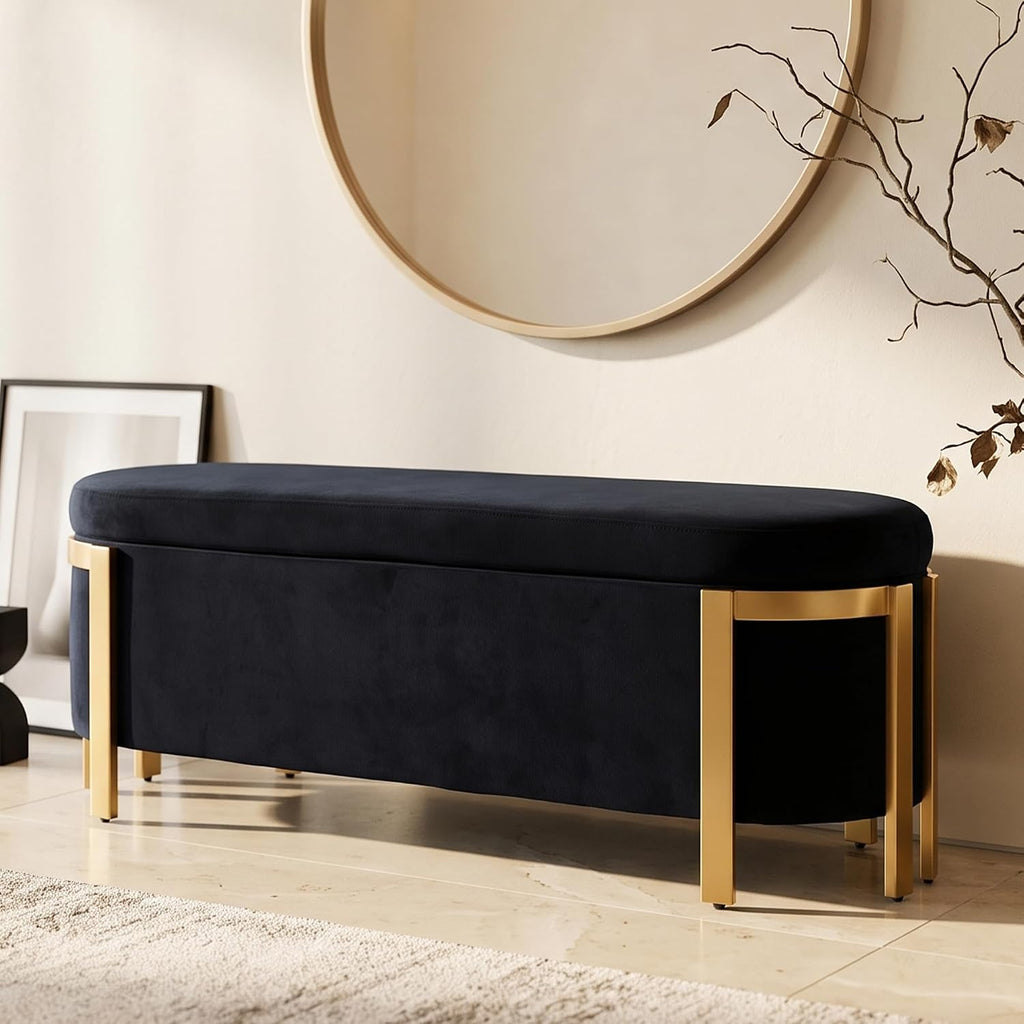 Hyfirm 48" Velvet Storage Bench with Gold Legs, Black