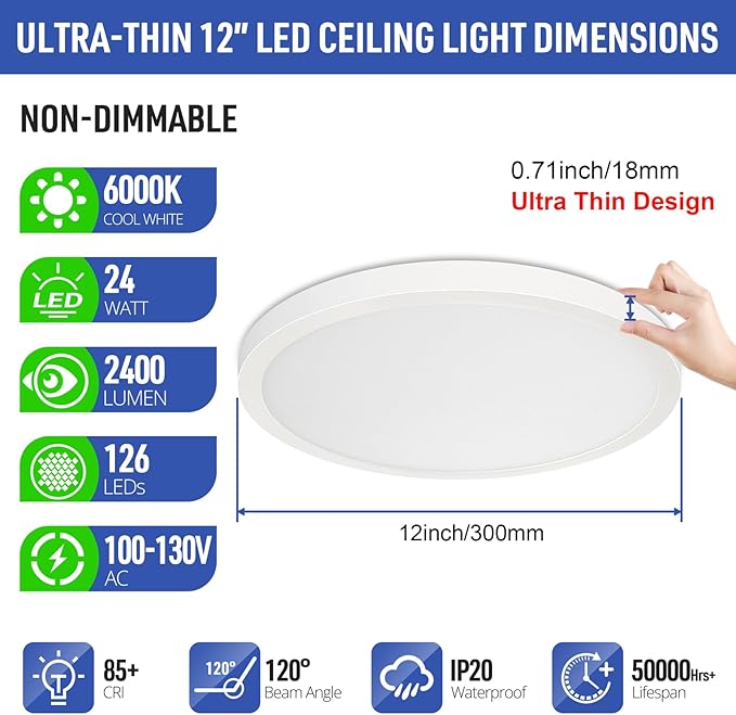 SunRider 2-Pack LED Flush Mount Ceiling Light Fixture, 6000K Cool White