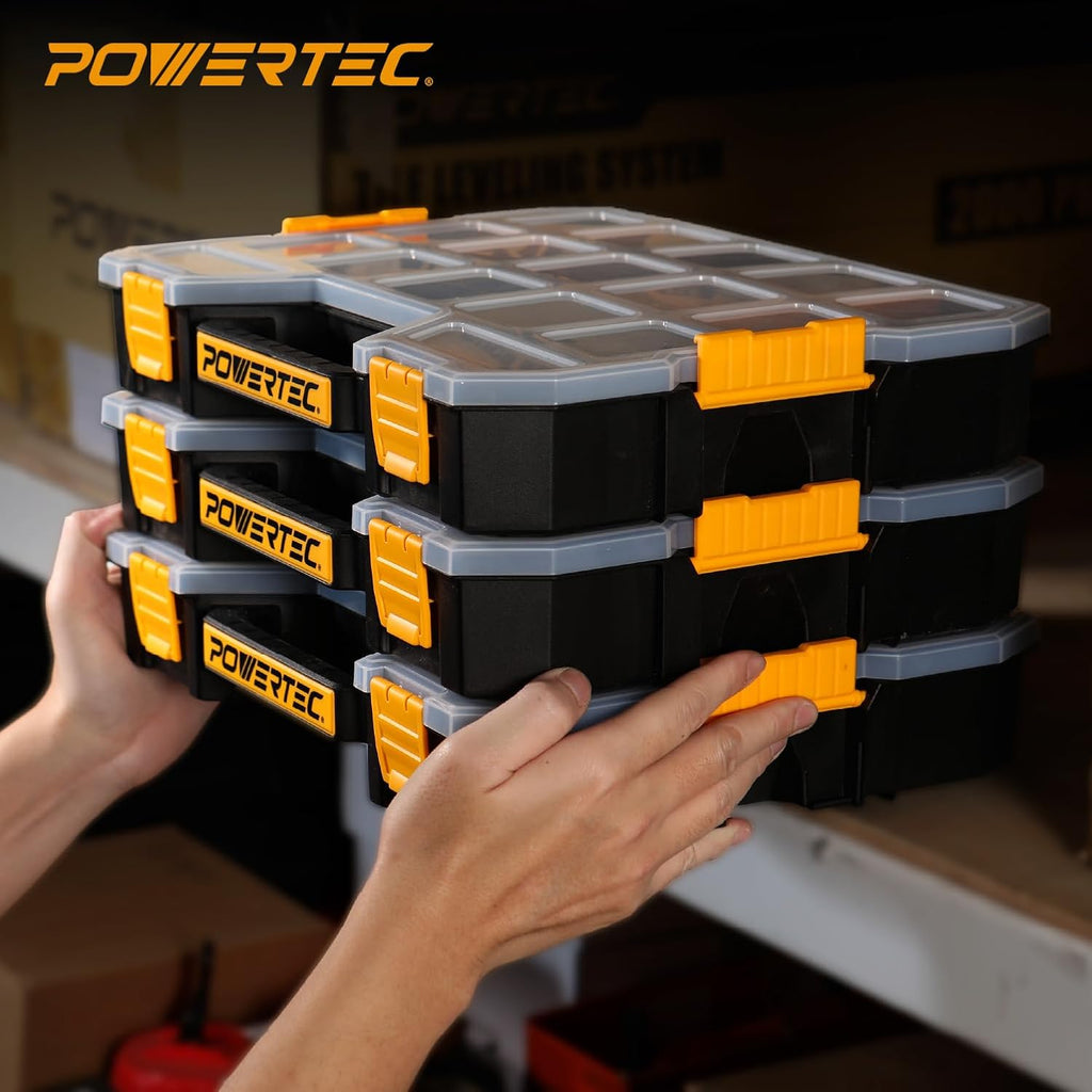 powertec stackable tool box organizer with removable dividers on a desk or shelf