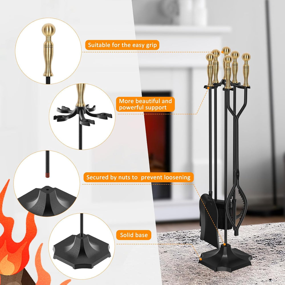 5 Pieces 31in Wrought Iron Fireplace Tools Set w/Serrated Tong