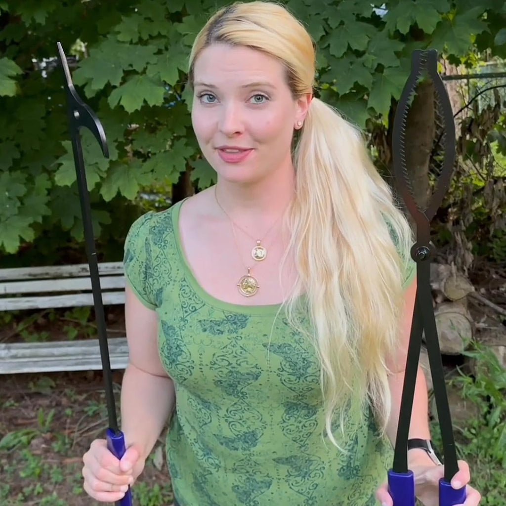 28in firewood tongs and fire poker set wrought shown in use