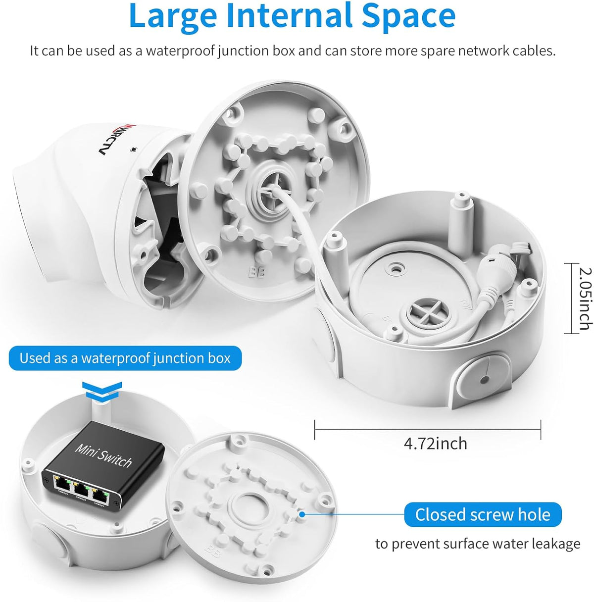 universial abs security camera junction box (8 pack) showing dimensions