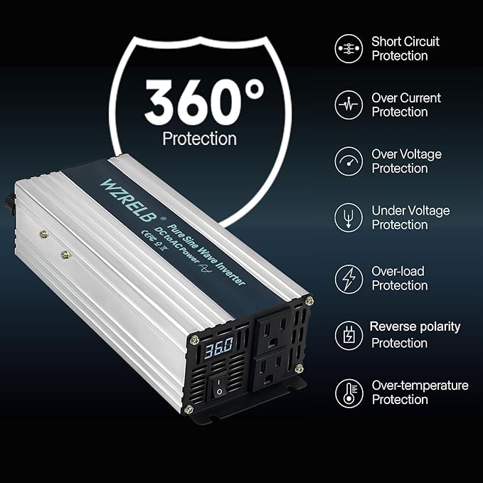 WZRELB 1000W Pure Sine Wave Inverter 36V DC to 110V 120V AC Power Converter