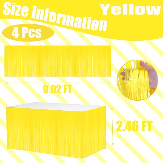 4 Pack 29x108 Inch Metallic Foil Fringe Tinsel Table Skirts for Rectangle Tables Streamer Backdrop for Wedding, Birthday, Parade Floats, Christmas, Halloween Party Decoration(New Yellow)