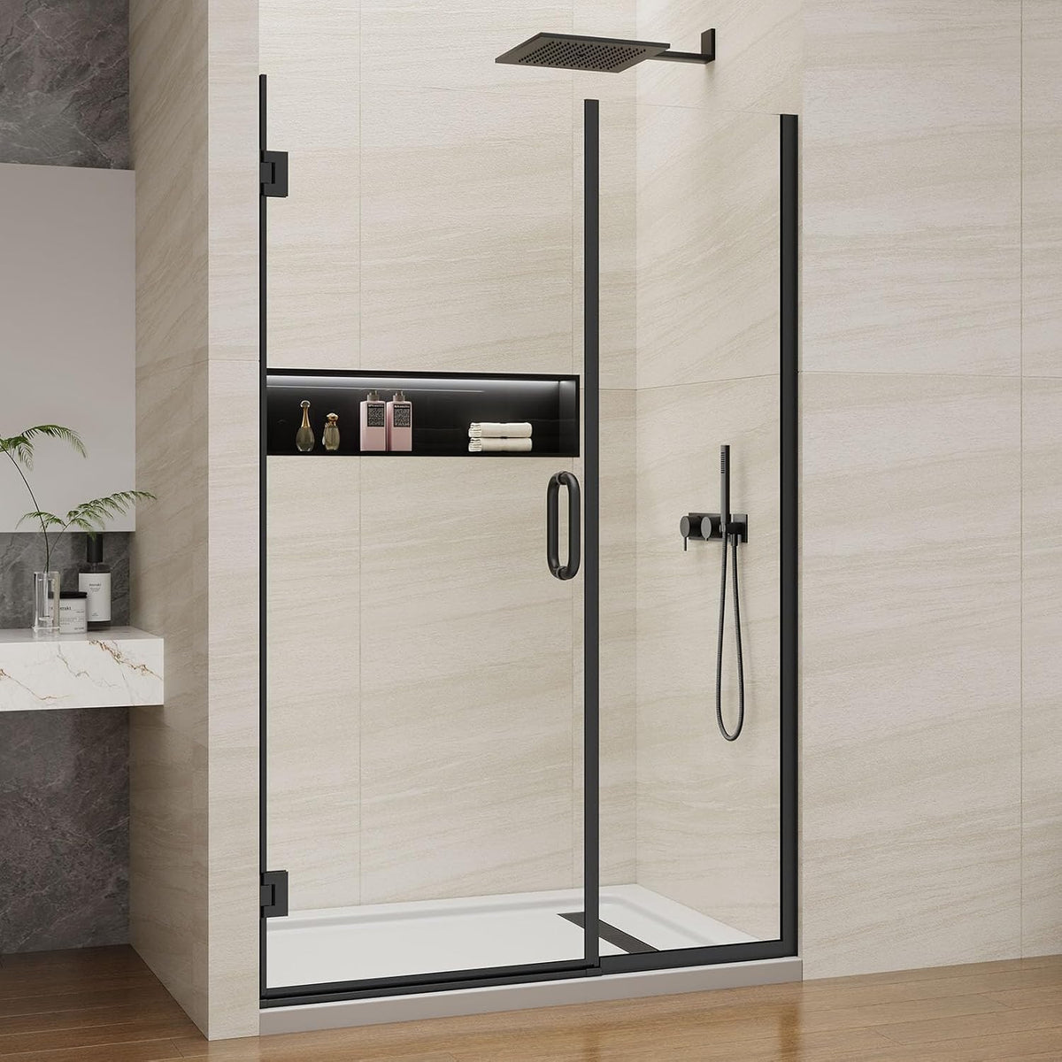 Pivot Swing Shower Door, Adjustable Width 48" W x 74" H Semi-Frameless Shower